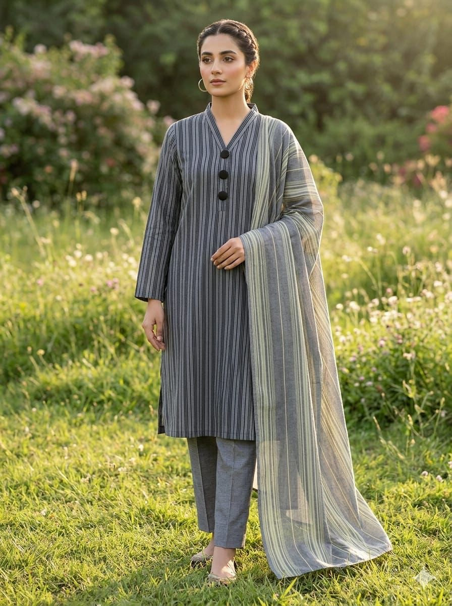 lawn 3 piece suit in gray with black stripes
