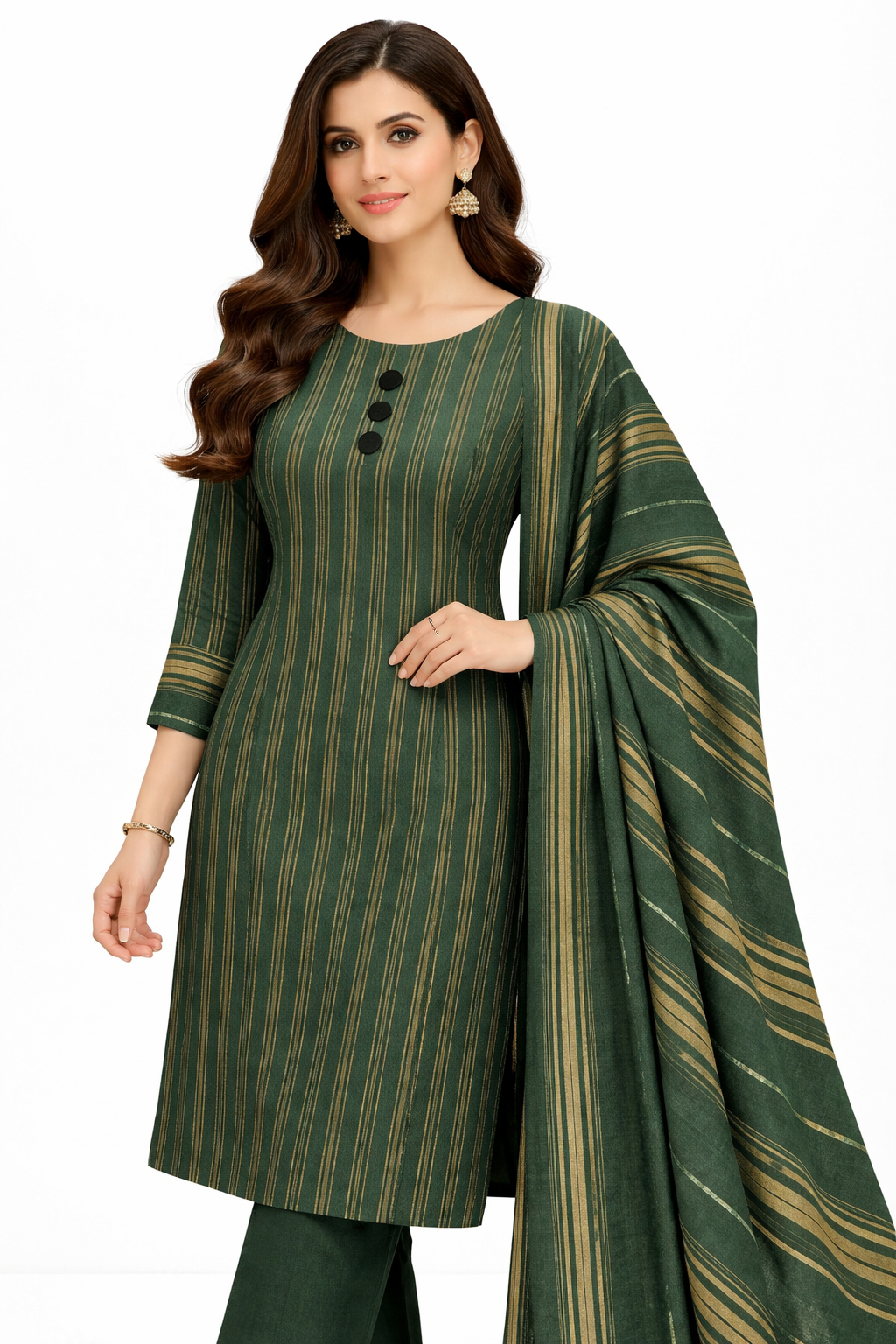 lawn 3 piece suit in green with yellow stripes