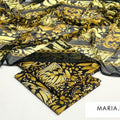 Yellow and black butterfy patterned lawn 3 piece suit with chiffon dupatta