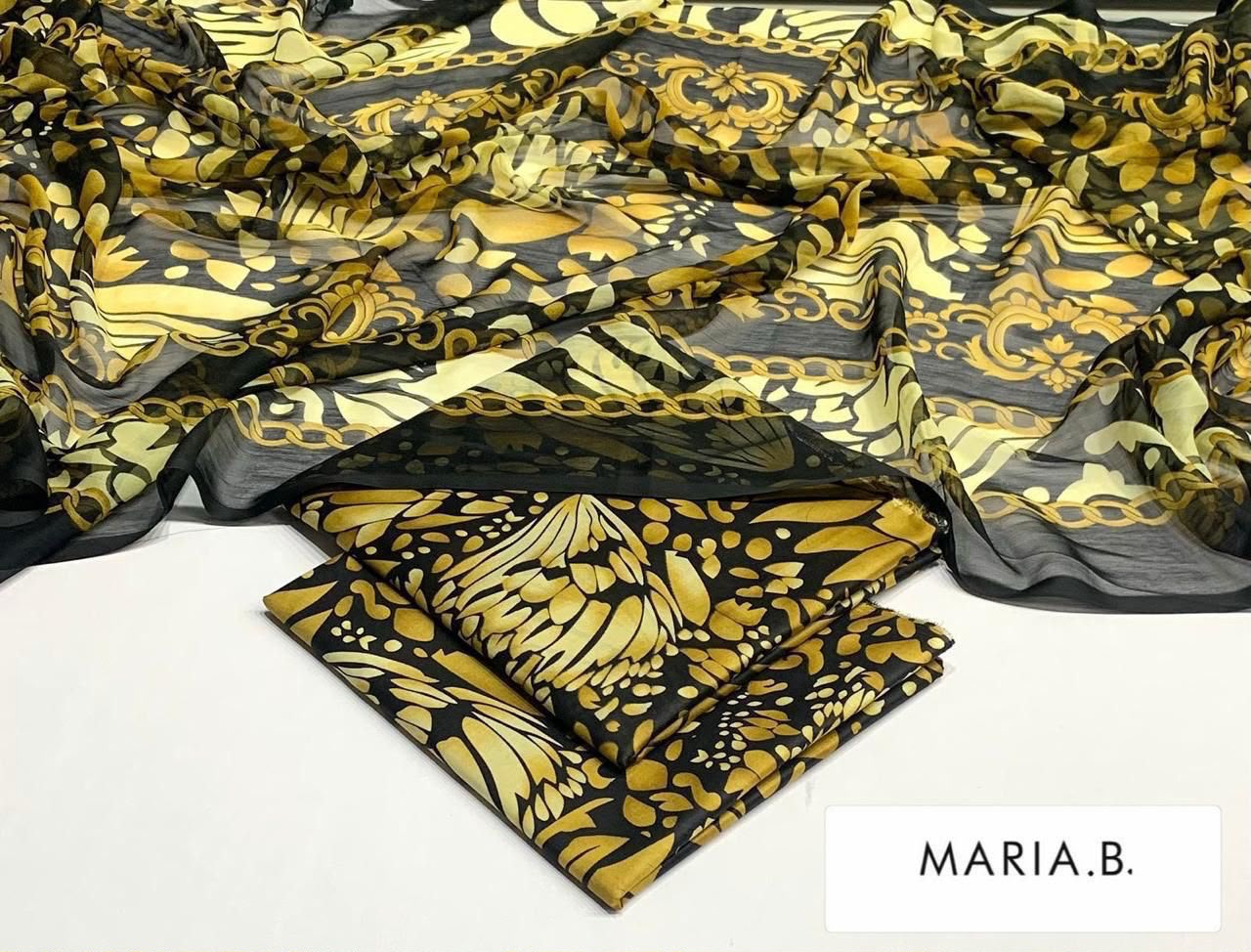 Yellow and black butterfy patterned lawn 3 piece suit with chiffon dupatta
