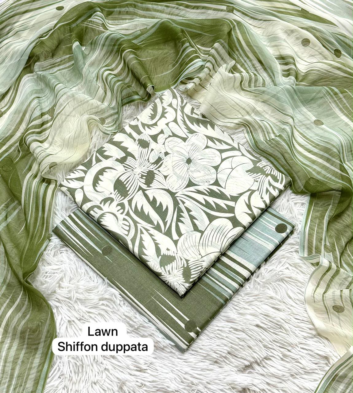 Green shiffon dupatta with floral patterns on a lawn 3 piece suit