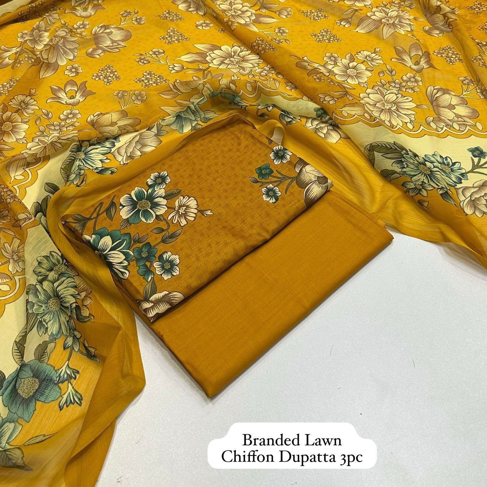 Branded Lawn Chiffon Dupatta 3pc with yellow and brown floral patterns 