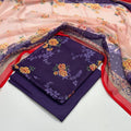 lawn 3 piece suit in purple with a floral print with a peach dupatta