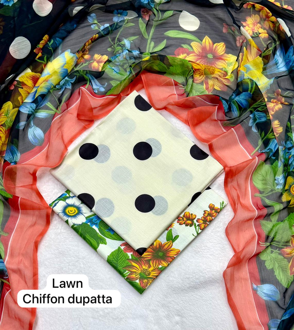 lawn 3 piece suit in offwhite and Colorful floral and polka dot dupatta 
