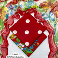 Red chiffon dupatta with white polka dots on lawn 3 piece suit in red