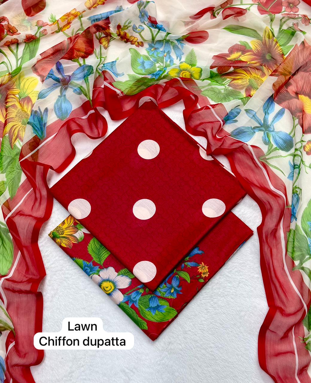 Red chiffon dupatta with white polka dots on lawn 3 piece suit in red