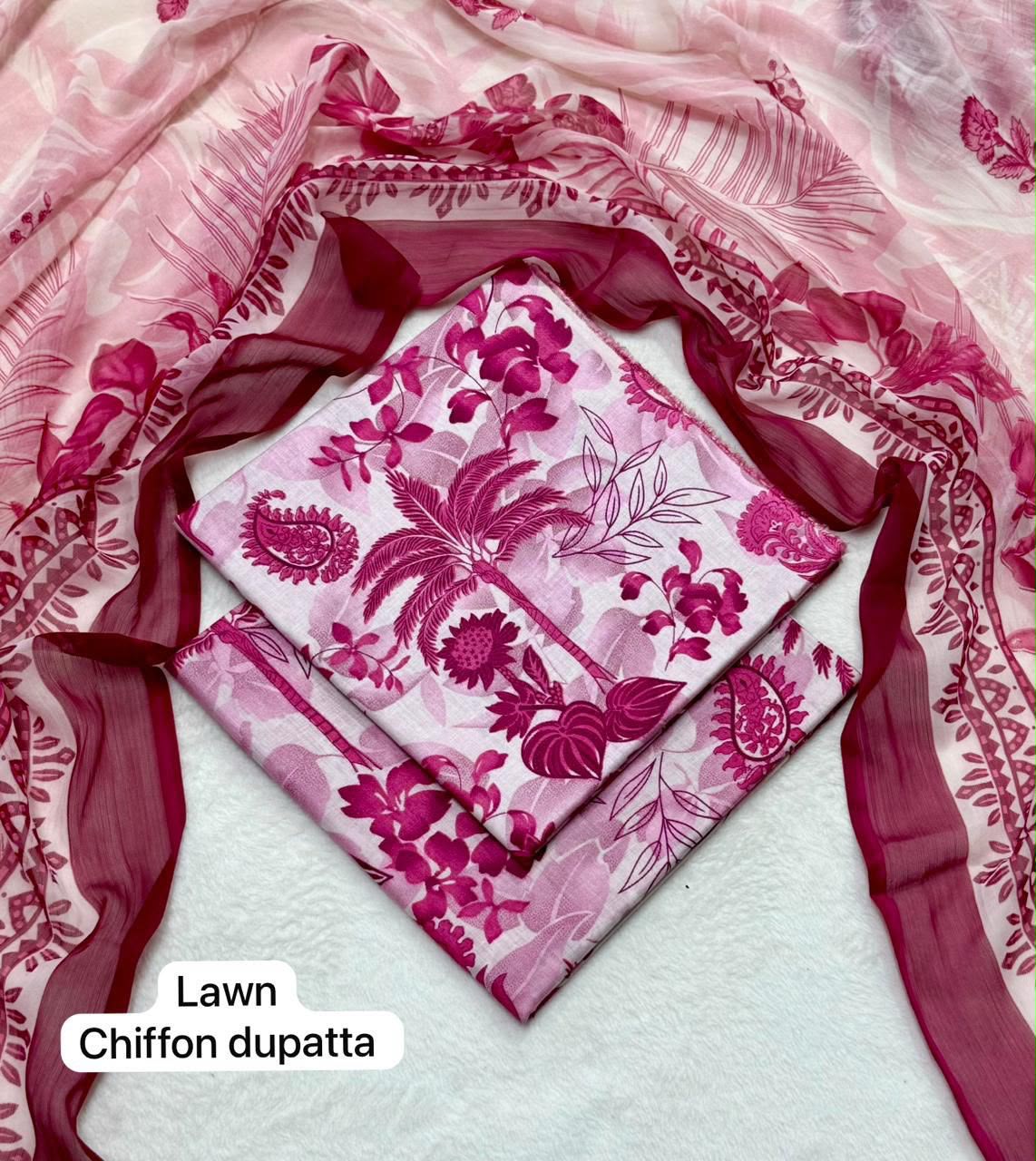lawn 3 piece suit in pink and offwhite with floral chiffon dupatta