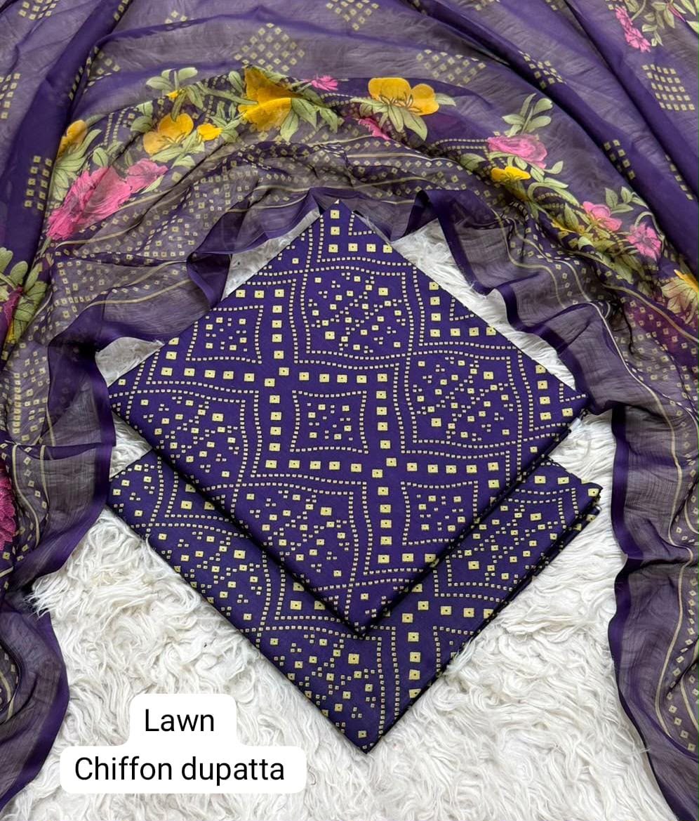 chiffon dupatta and  lawn 3 piece suit set in purple