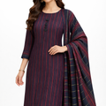 lawn 3 piece suit in navy blue with pink stripes