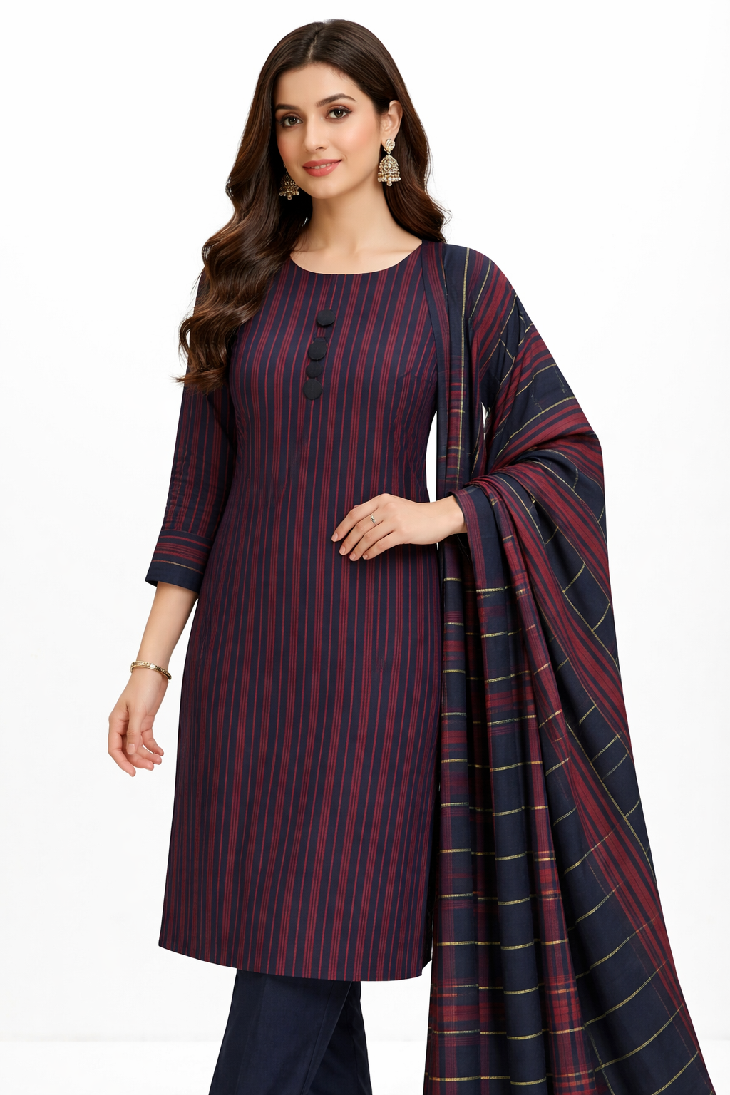lawn 3 piece suit in navy blue with pink stripes