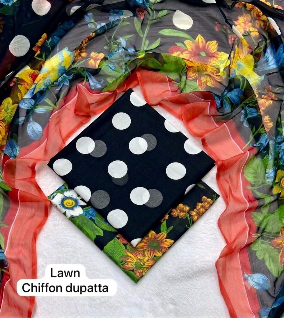 lawn 3 piece suit in black with large white polka dots