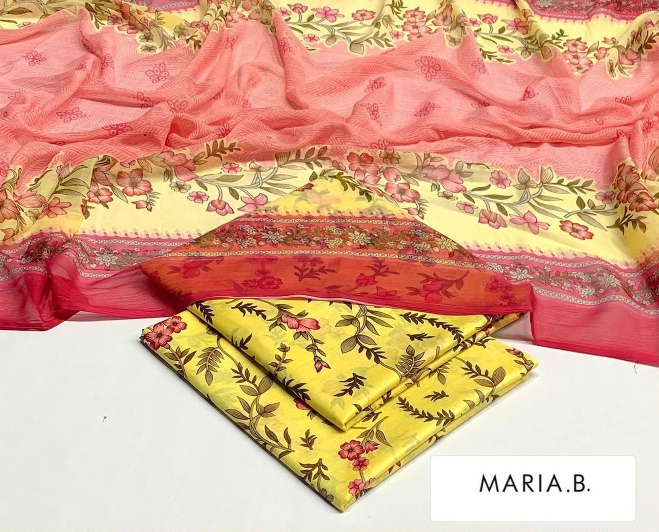 lawn 3 piece suit in yellow with a pink floral print and and pink dupatta