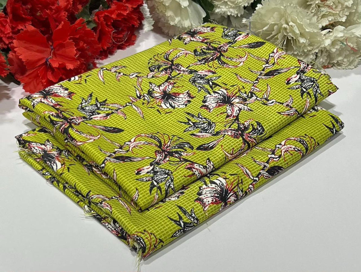 2 piece suit in yellow green with floral pattern