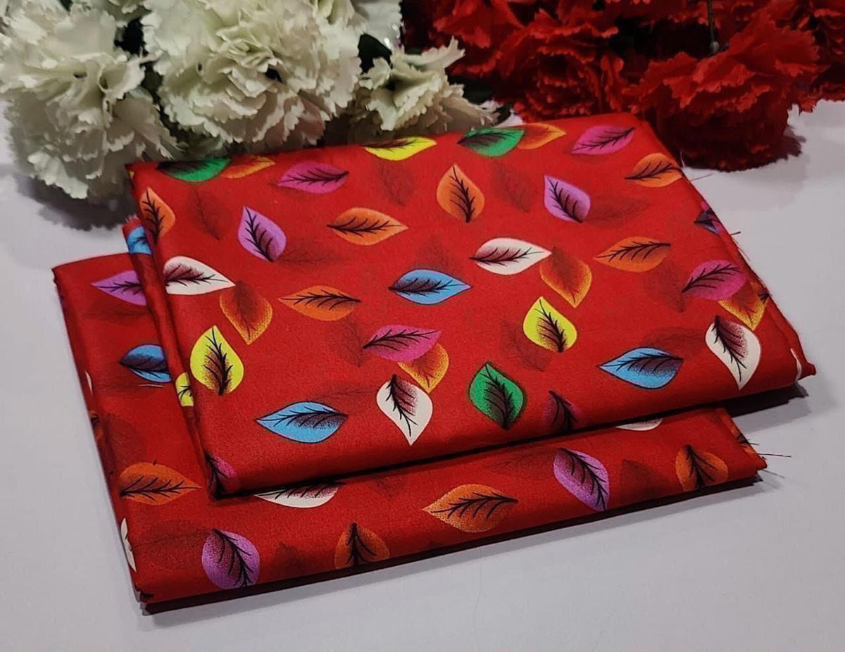 2 piece suit in Red with colorful leaf pattern