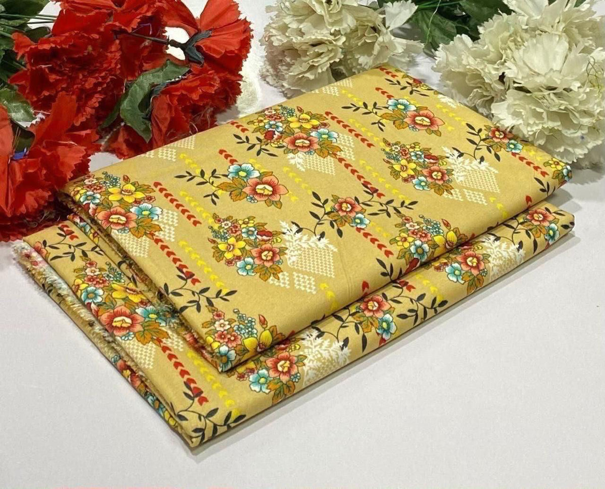 2 piece suit in yellow with floral patterns 