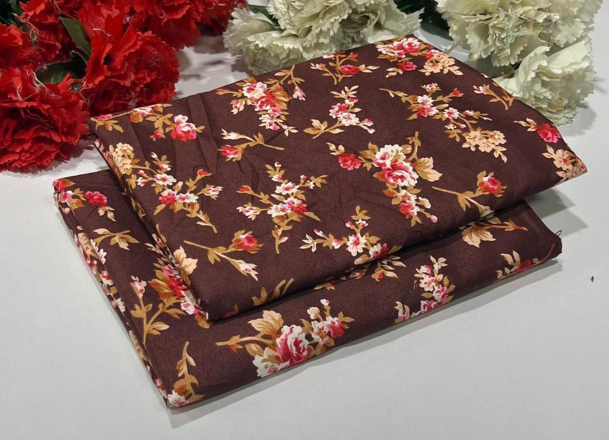 2 piece suit in mahron brown with red and white flowers