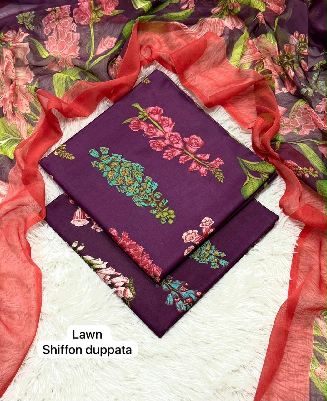 lawn 3 piece suit in purple with a floral print and a matching sheer red dupatta