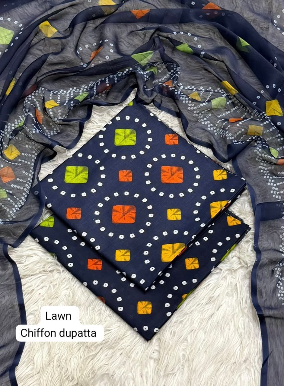 lawn 3 piece suit in navy blue with a colorful geometric print