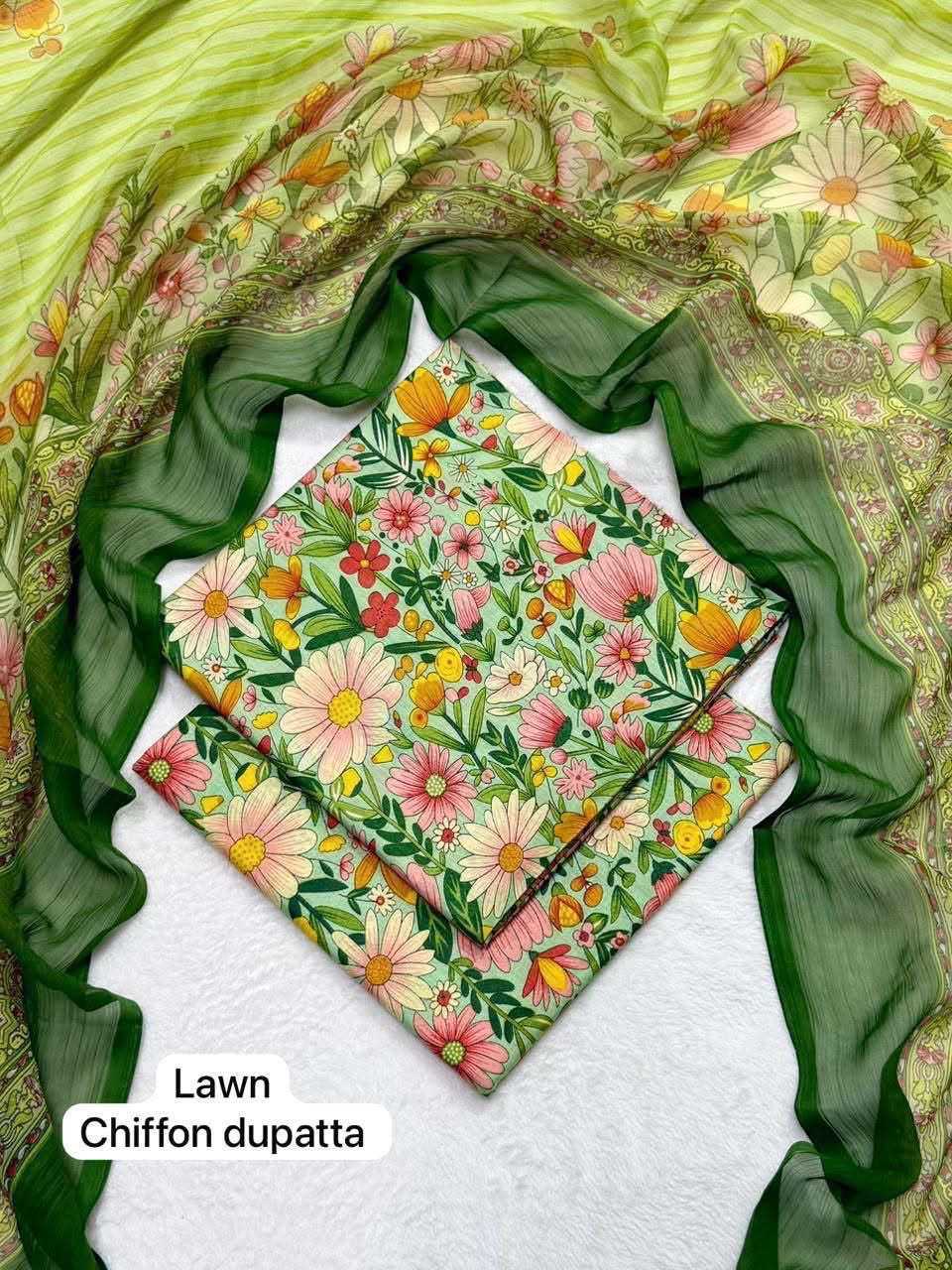 Lawn 3 piece suit in green and a multicolor floral print 