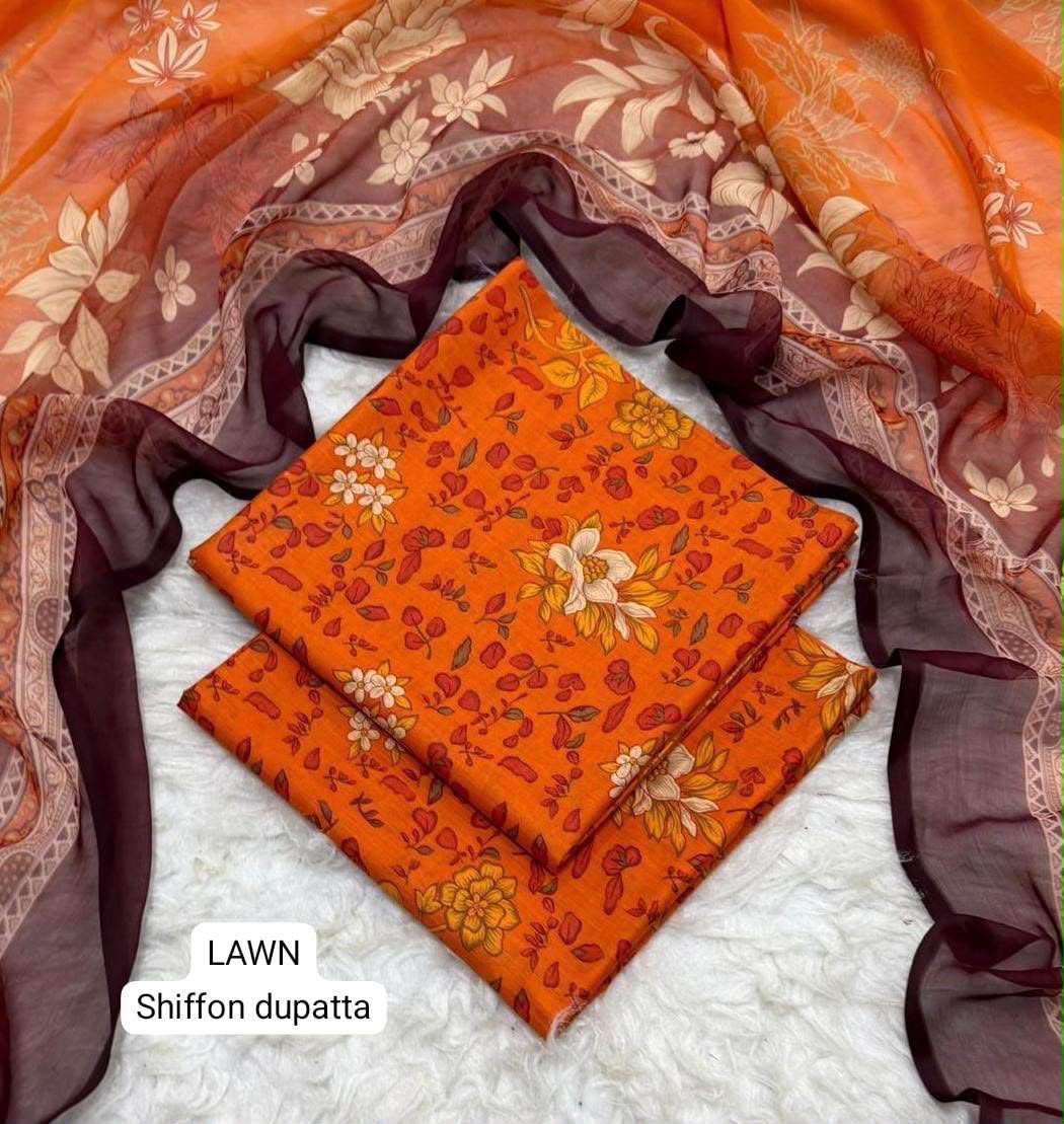 lawn 3 piece suit in Orange with  floral printed chiffon dupatta