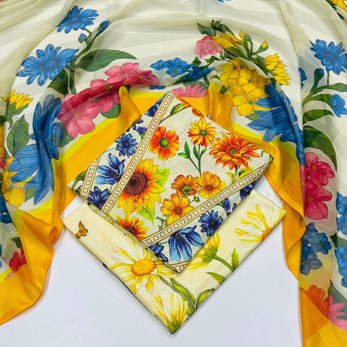 lawn 3 piece suit in floral print with a matching sheer dupatta