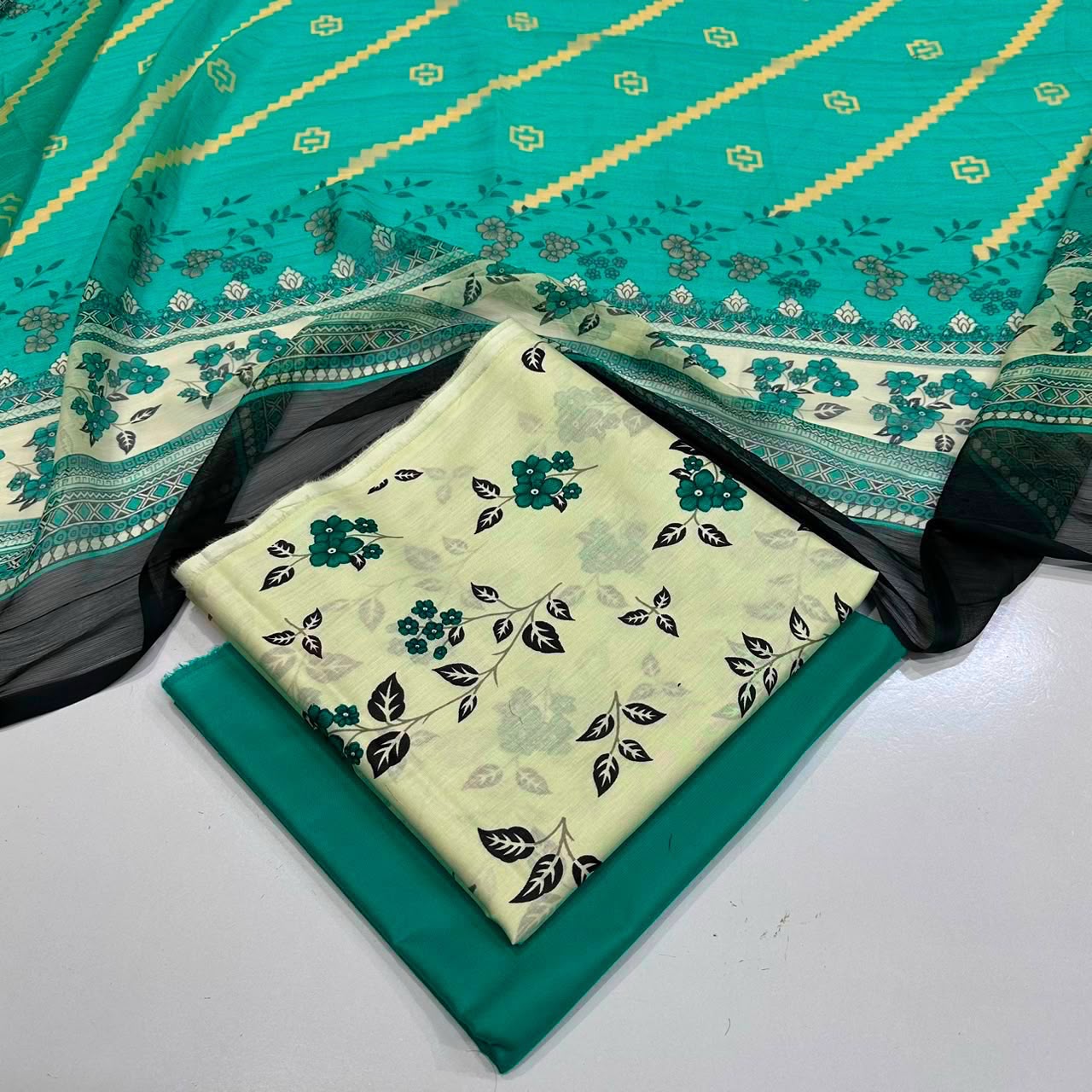 lawn 3 piece suit in teal green with teal green dupatta