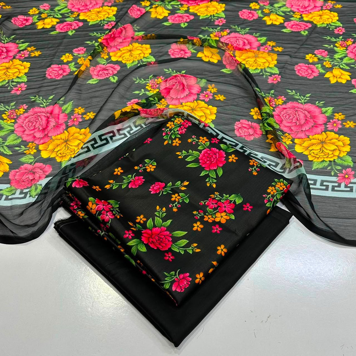 lawn 3 piece suit in Black floral with a sheer black dupatta