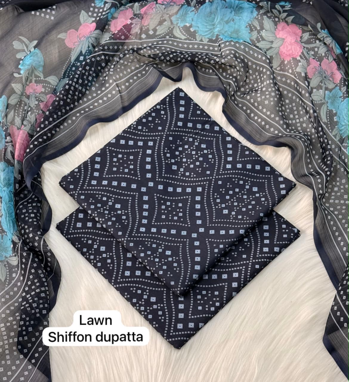lawn 3 piece suit in black with geometric pattern and floral accents