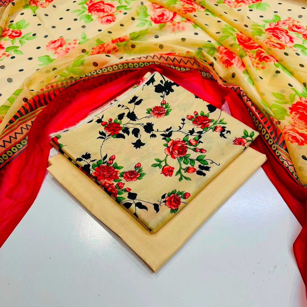 lawn 3 piece suit in cream-colored with a red and green floral print