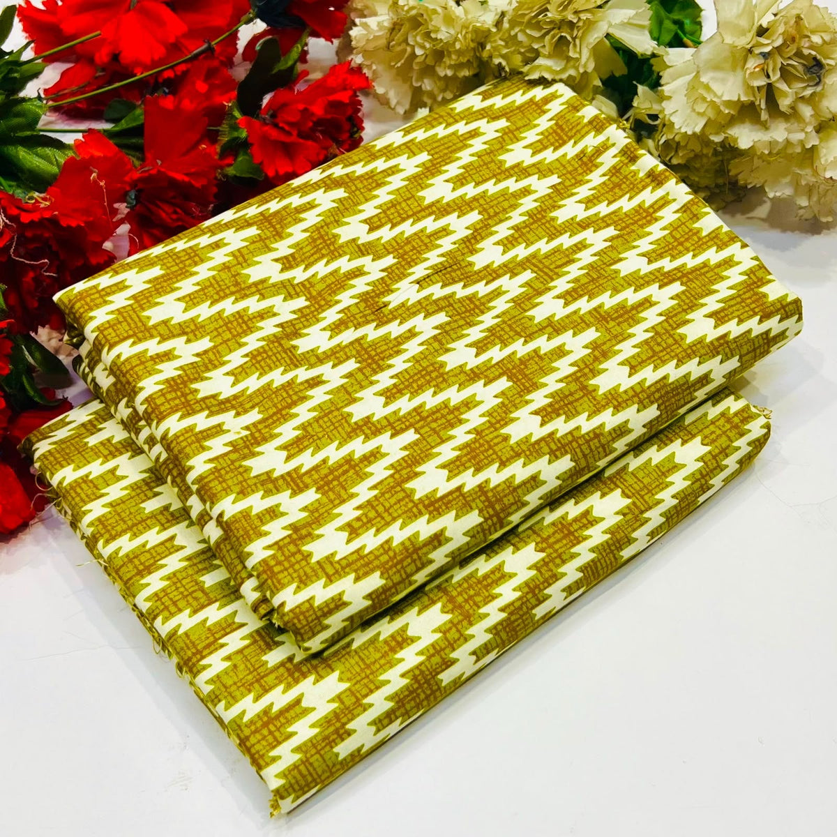2 piece suit in yellow with a cream zigzag ikat pattern
