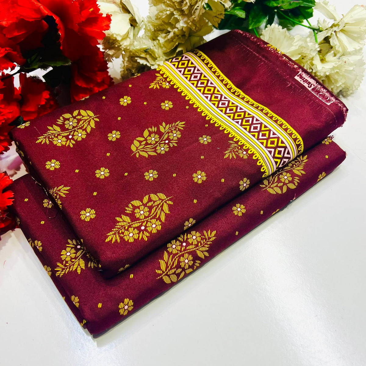 2 piece suit in maroon with gold floral motifs