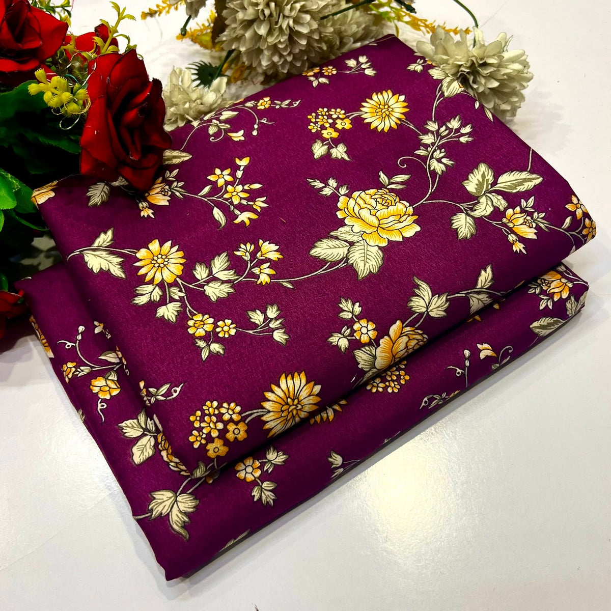 2 piece suit in deep purple with a yellow and beige floral print
