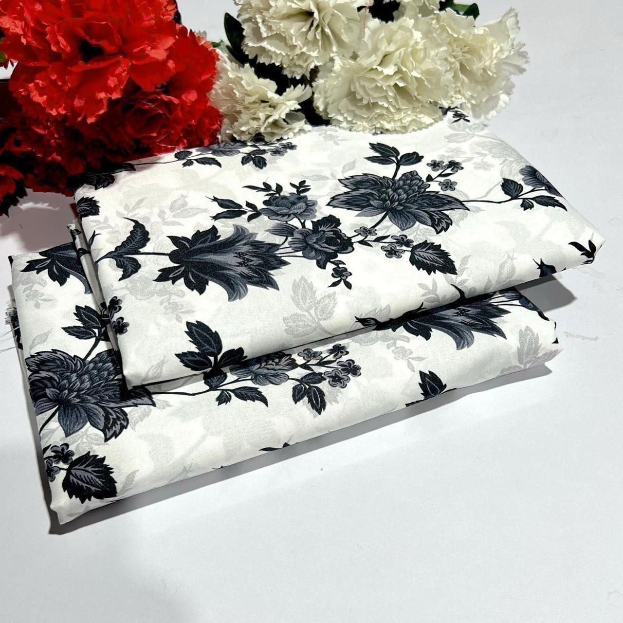 2 piece white fabric pieces with a black floral damask pattern