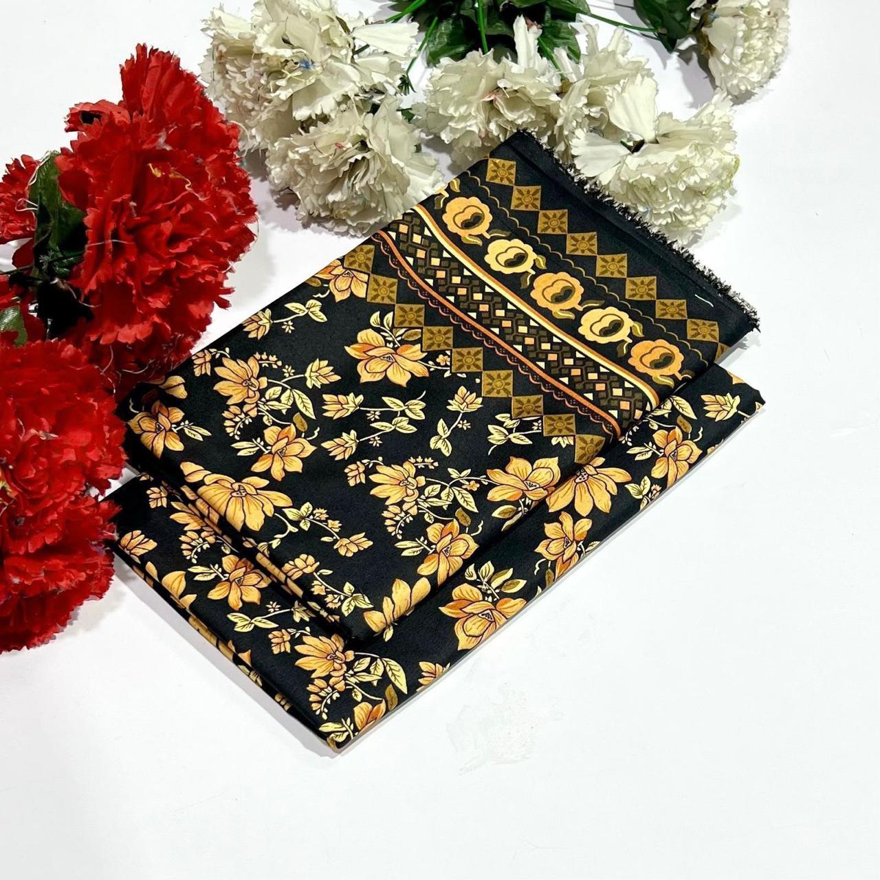 Ladies 2 piece summer cotton suit in Black with gold floral patterns 