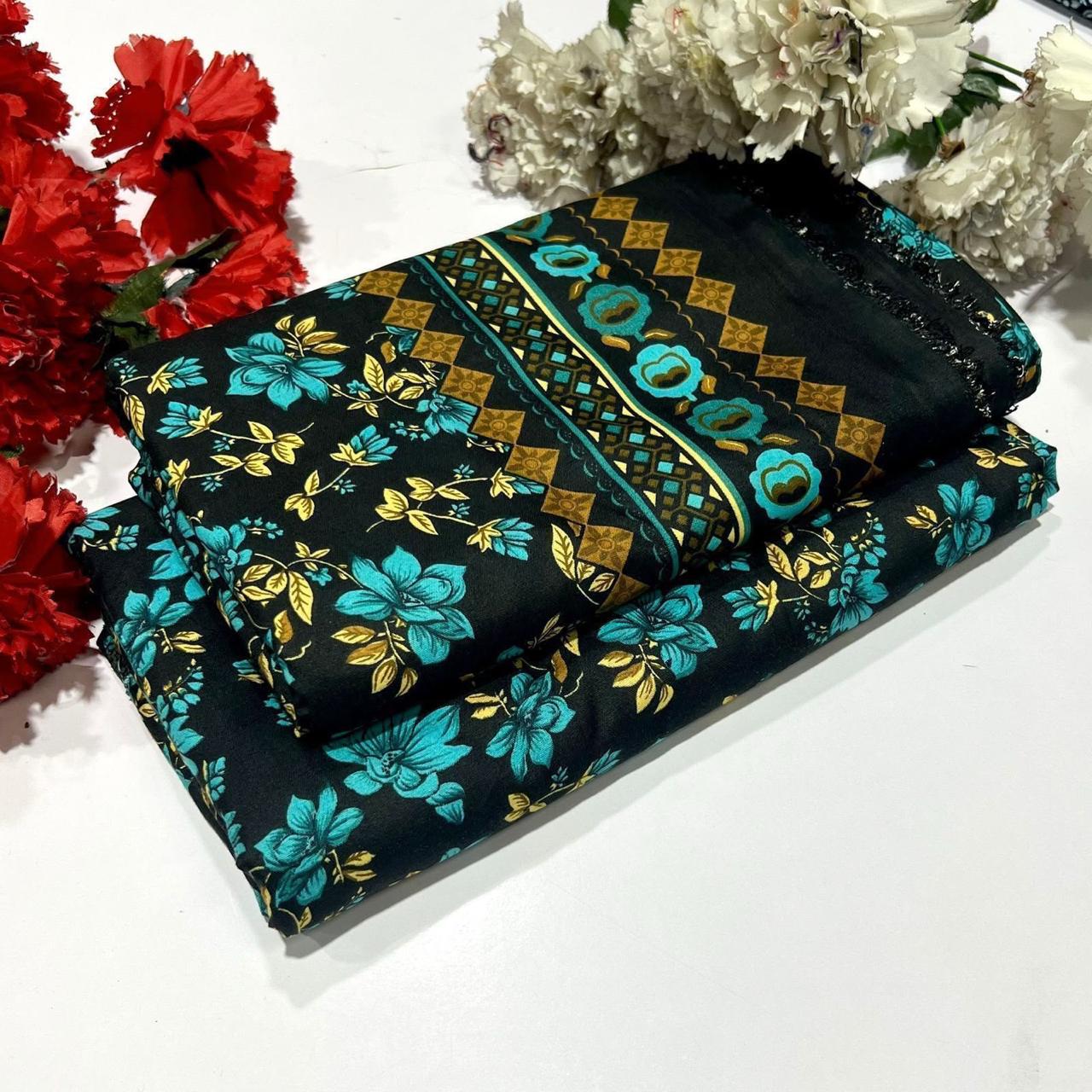 Ladies 2 piece suit in black  with floral and geometric patterns